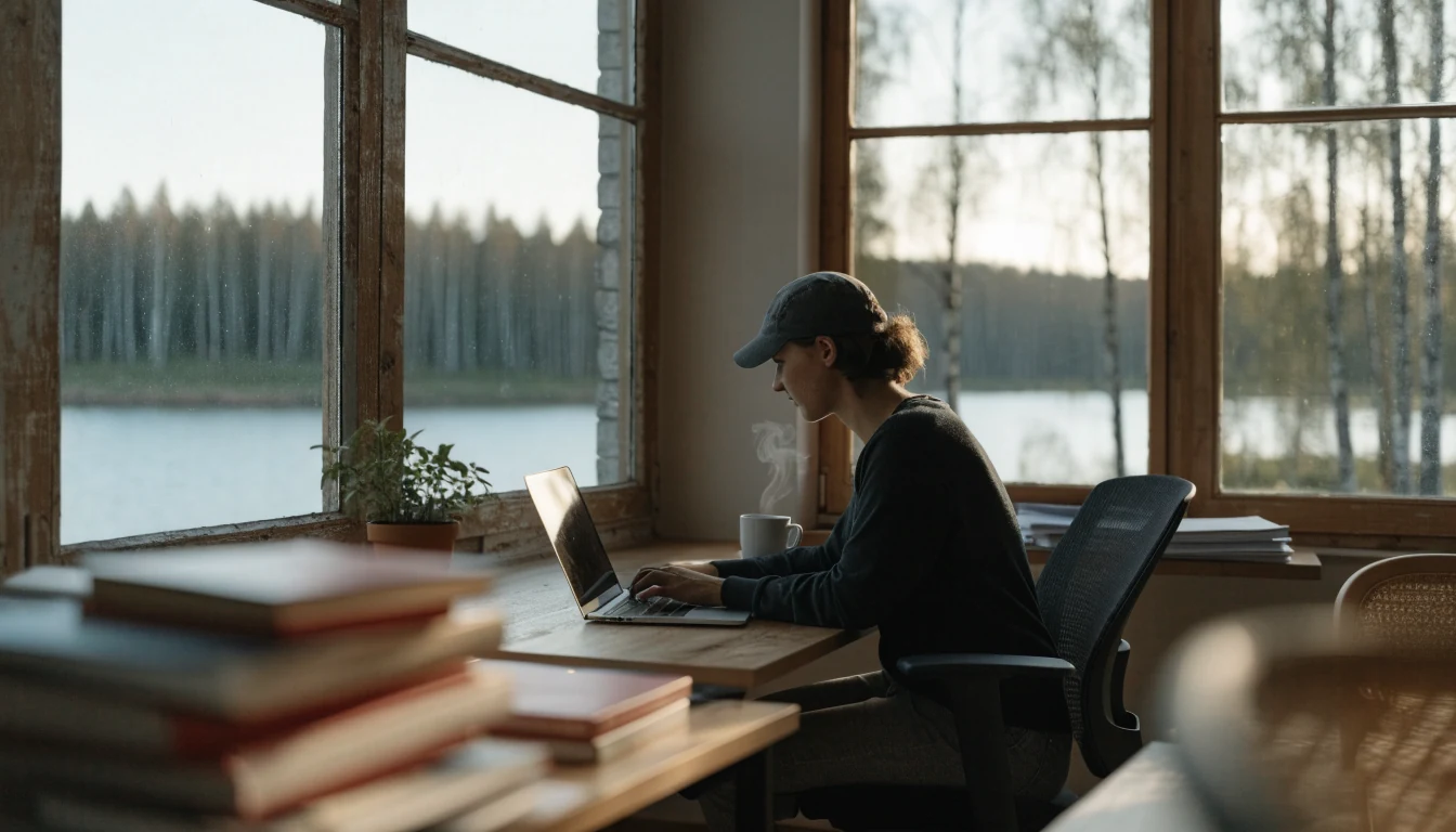 Kirjoittaja suomalaisessa työhuoneessa järven äärellä, näppäimistö ja kahvikuppi pöydällä.